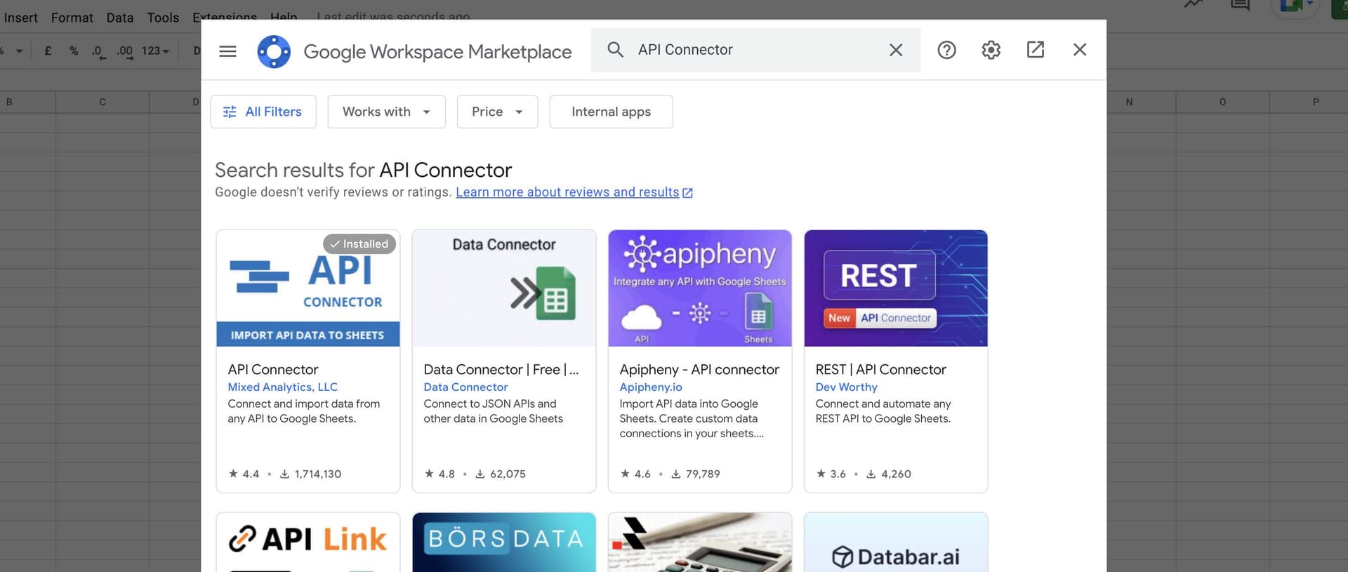 A screenshot of Google Sheets with the market place modal open and filtered by API Connector